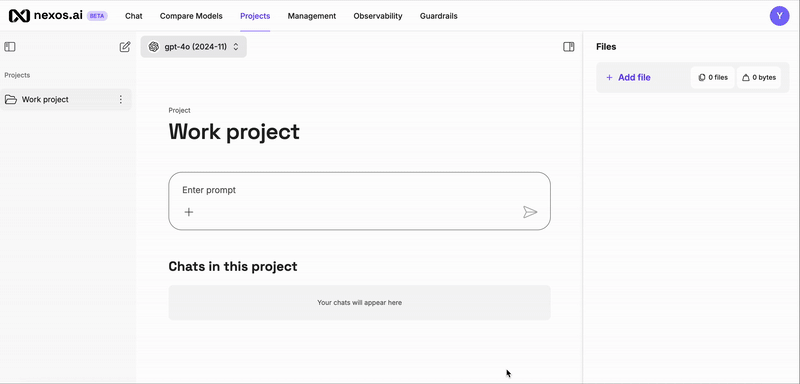 Tutorial how to enter a prompt in the nexos.ai chat, add files for context, and upload images.
